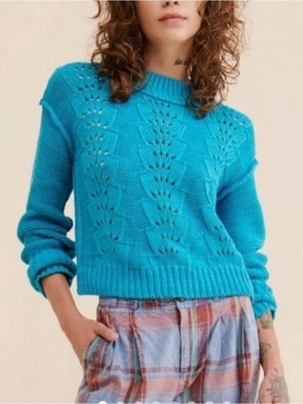 Free People Bell Song Pullover Sweater in Teal Size Small Knit Cozy